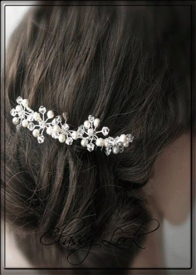 Дизайнерска украса за коса с кристали и перли модел White Bouquet 15 см